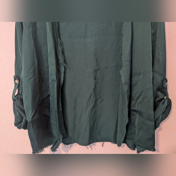 Brand Bazar Emerald Green Silk Fringe Open Front Roll-Tab Lightweight Cardigan - Picture 5 of 11